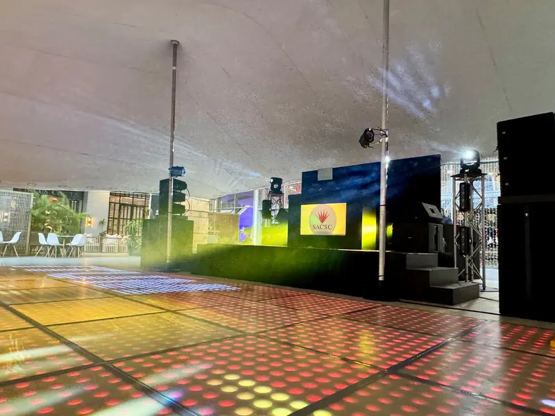 RCF speakers and stage lighting over the LED dancefloor at Gateway