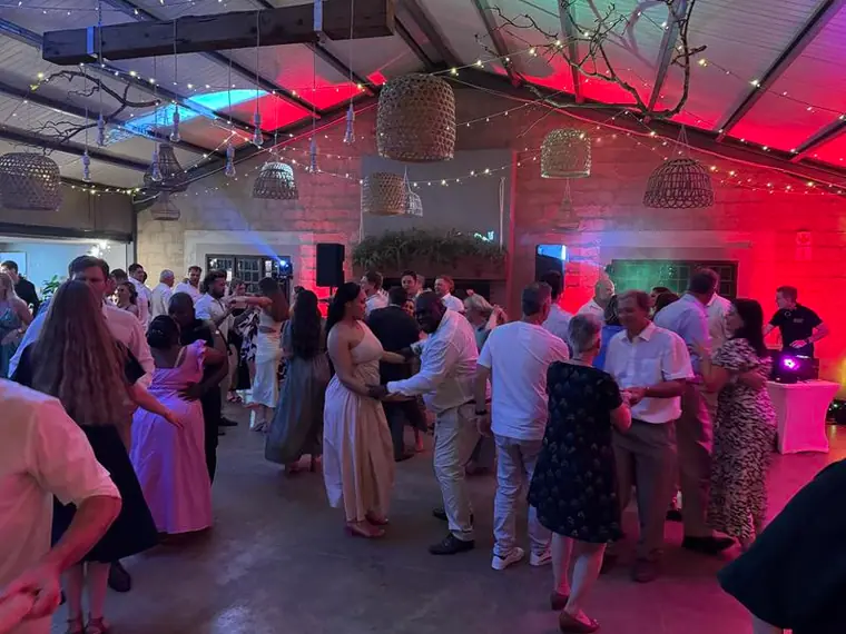 Dancefloor lighting and haze at a Haycroft Farm wedding