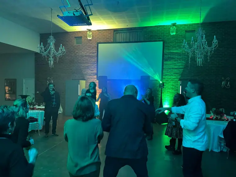 Evening wedding reception with green effect lighting and haze