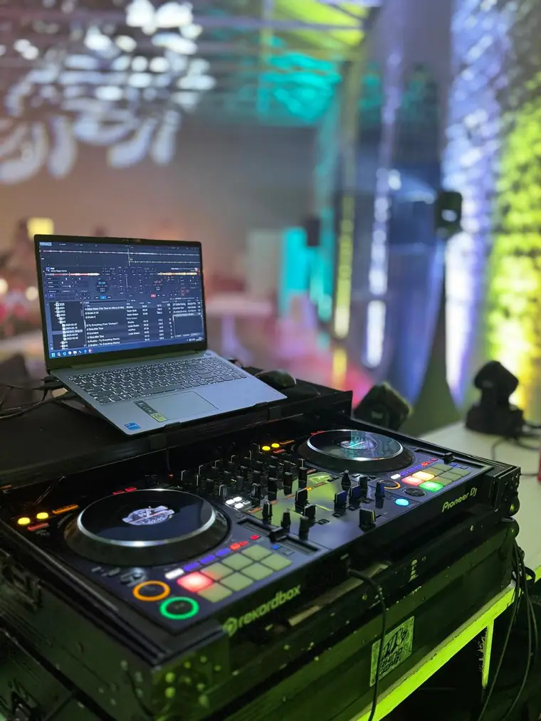 Close-up of the DJ laptop and controller at a Durban wedding