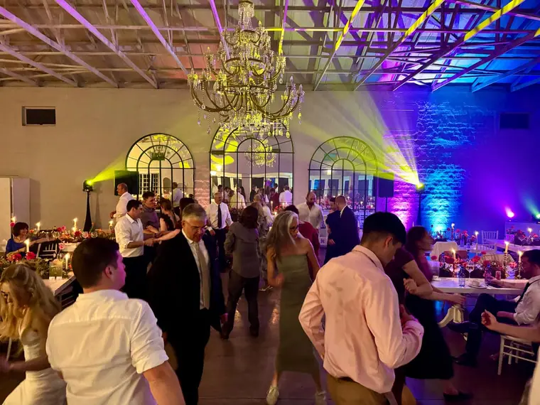 Wedding guests dancing in a hall washed in purple and green light