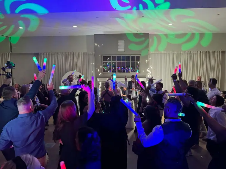 Dancefloor lit in blue and green at a Fordoun wedding