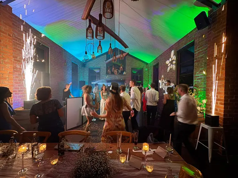 Cold sparks either side of the dancefloor at a Highgate Wine Estate wedding