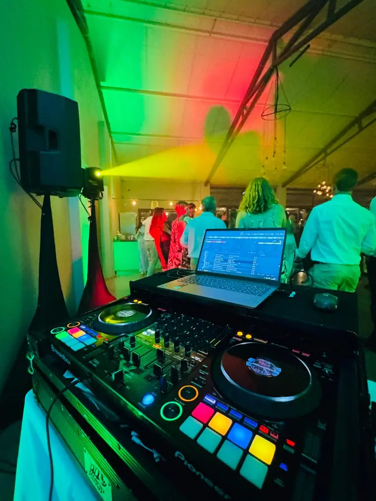 DJ booth and speaker set up for a wedding reception at Sweet Home, Eston