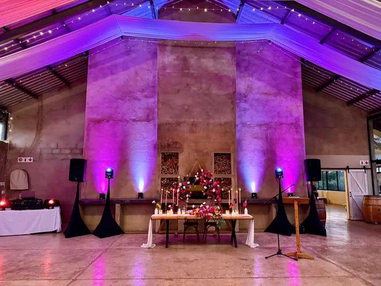 Uplighting on the gable wall behind the top table at Wingrove Valley